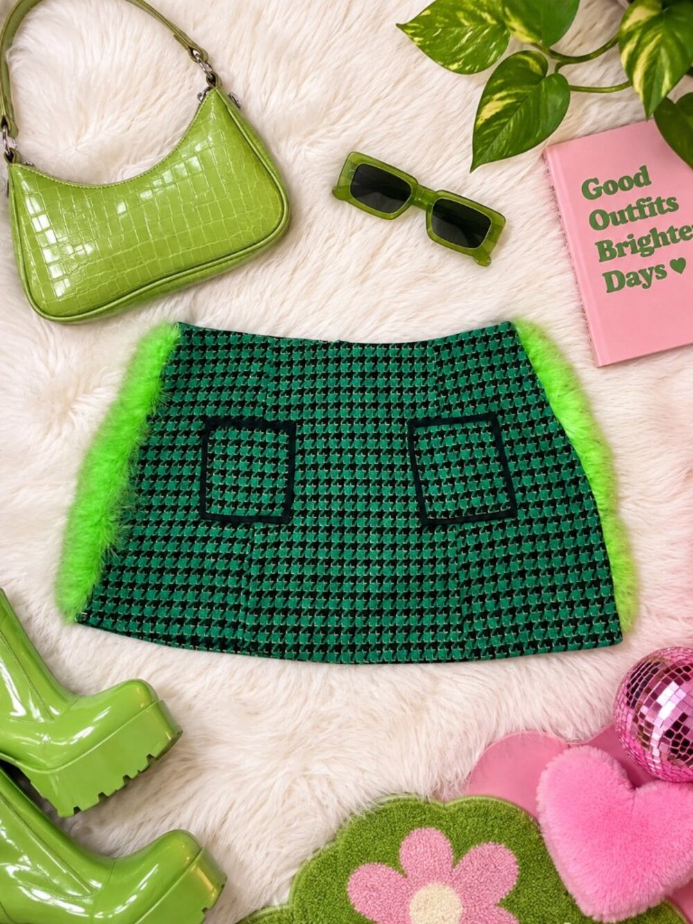 Finesse Misty Green Houndstooth Mini Skirt M Neon Lime Faux Fur Y2K